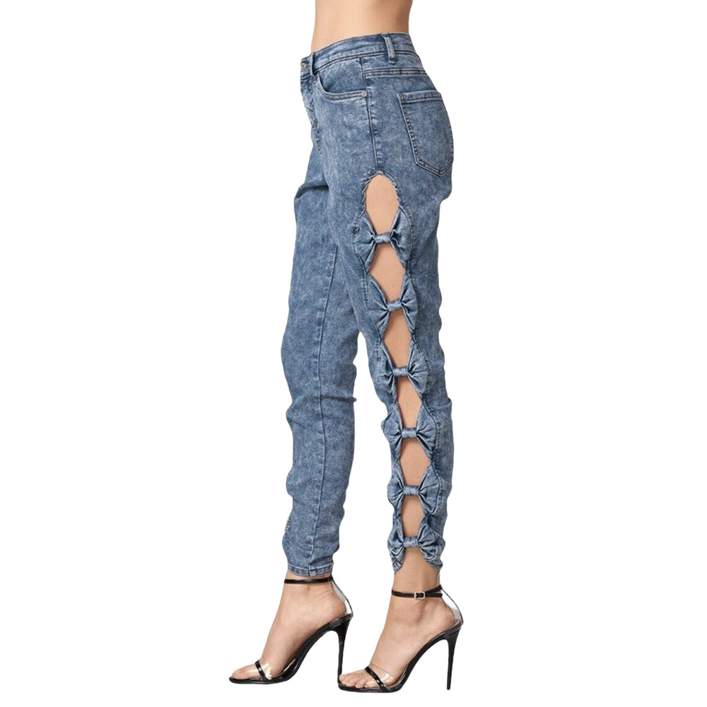 Venus Bowtie Cutout Jeans Size 14 Blue Acid Wash Denim Stretch Mid Rise Skinny
